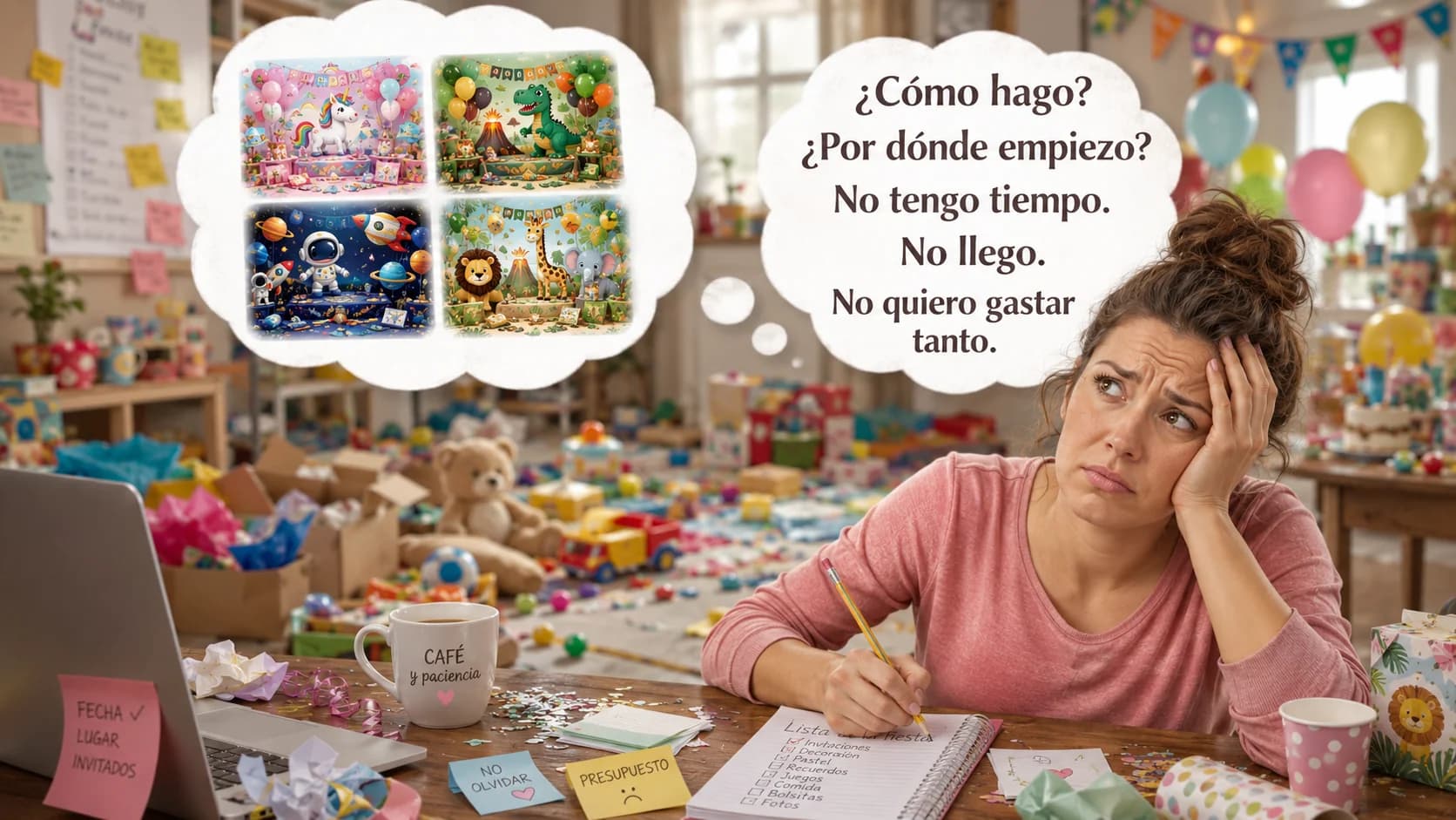 Mamá agobiada planeando el cumple